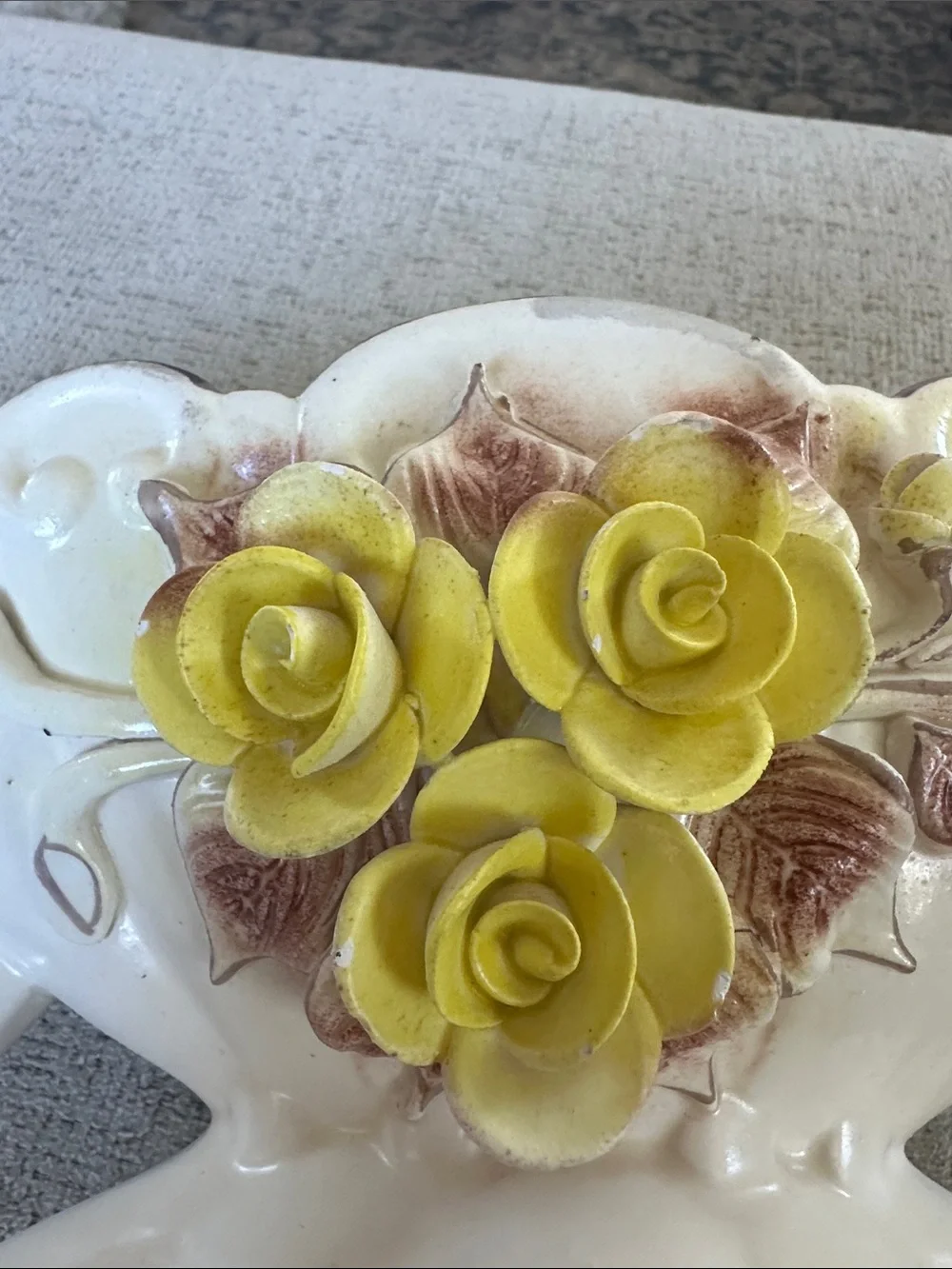 Vintage Capodimonte Style Hand Applied Yellow Rose Centerpiece Vase-Bowl